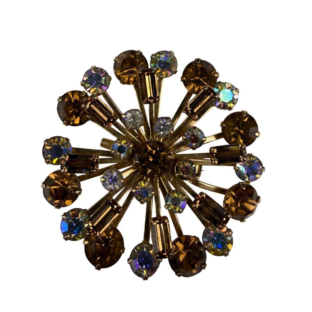 Vintage Gold Tone Rhinestone Sunburst Brooch Elegant Pin Clear & Amber Aurora Co